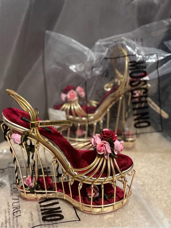 Shoes - Gold Cage Wedge Sandals with Red Velvet & Pink Flower Accents